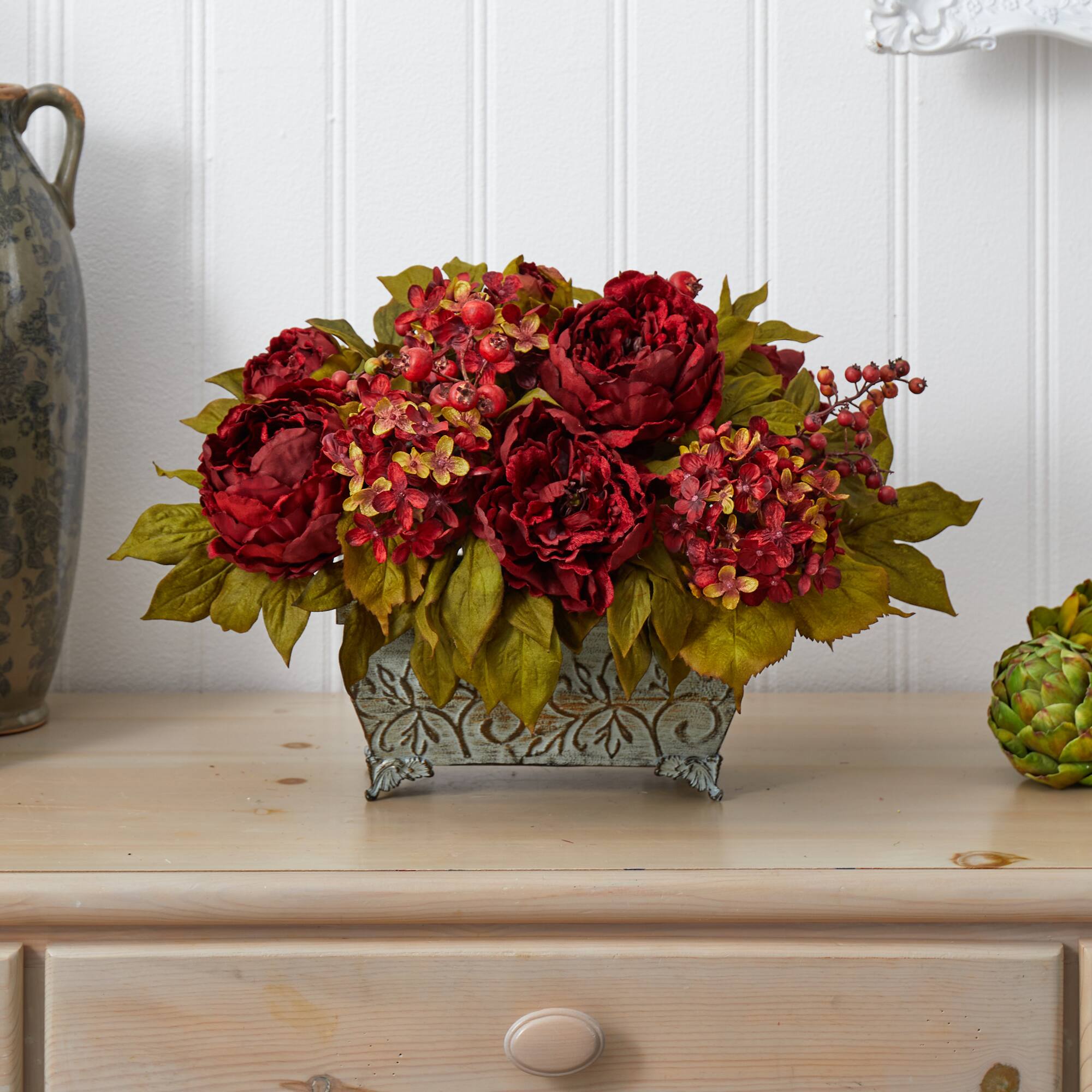 18" Red Peony & Hydrangea Arrangement in Decorative Planter